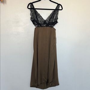 Anthropologie Black and Olive Lace Chemise Slip Dress